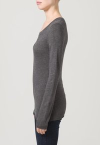 Grijze langesleeve trui met een V-hals ontwerp, gemaakt van zacht materiaal, met een getailleerd model en geribbelde zoom. G gedragen met donkerblauwe jeans.
