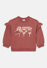 Bordeauxfärgad sweatshirt med volangdetaljer, som visar tre illustrerade karaktärer i blommiga kransar. Slät textur; ribbade muddar och nederkant.