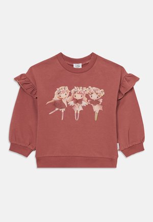 Bordeaux hettegenser med volanger, prydet med tre illustrerte karakterer med blomsterkranser. Glatt tekstur; ribbede mansjetter og nederkant.