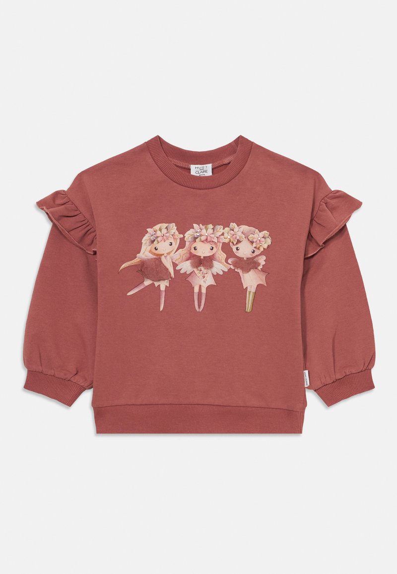 Bordeauxfärgad sweatshirt med volangdetaljer, som visar tre illustrerade karaktärer i blommiga kransar. Slät textur; ribbade muddar och nederkant.
