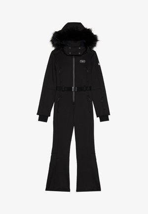 Must must snowsuit musta, millel on karvane kapuuts, lukuga ees, reguleeritav vöökoht ja mitmed lukkudega taskud. Sile, tekstureeritud kangas.