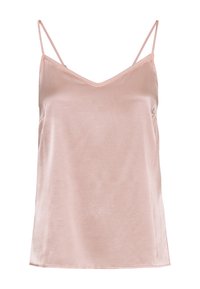Měkký růžový saténový tílko s tenkými nastavovacími ramínky a jemným véčkovým výstřihem, vystavené na bílém pozadí.