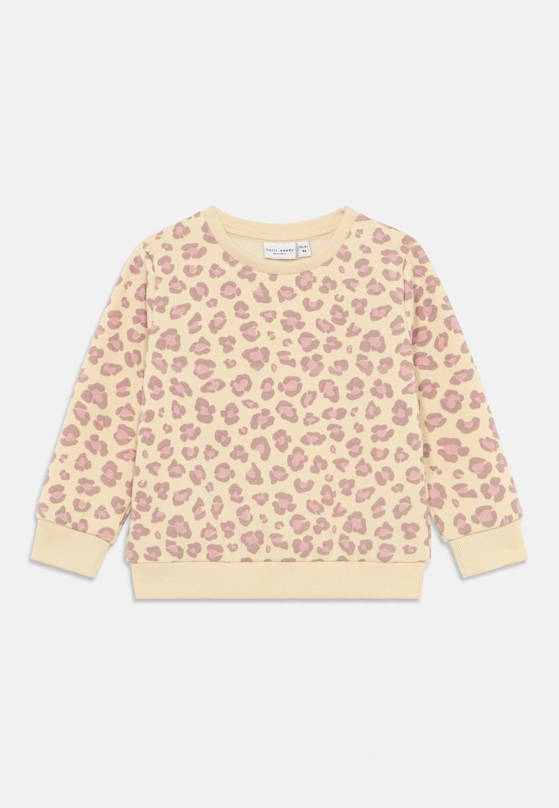 Sweatshirt amarelo com padrão de leopardo rosa, apresentando um decote redondo e punhos canelados. Te tecido macio com uma textura suave.