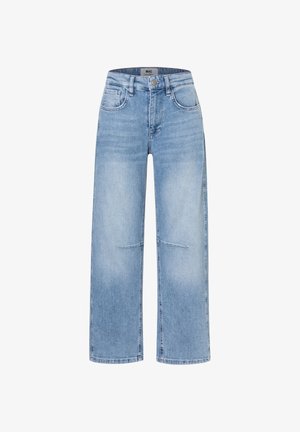 Lichtblauwe wijde jeans met voorzakken, riemlussen, knoopsluiting en details aan de kniezomen.