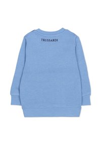 Felpa azzurro chiaro con maniche lunghe, polsini e orlo a coste, caratterizzata da un logo nero "TRUSSARDI" sul retro. Materiale in morbido misto cotone.