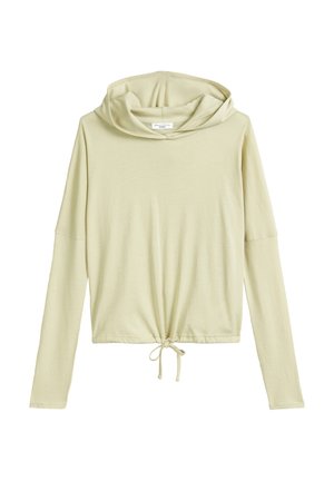 Haut long à manches vert clair avec un col en drapé, comportant un cordon de serrage à l'ourlet et une texture douce et lisse. Design simple, détails minimaux.
