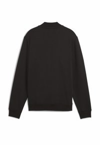 Czarna bluza, długie rękawy, okrągły dekolt, ściągacze przy rękawach i u dołu, miękka tekstura, prosty design, brak ozdób lub widocznych wzorów.