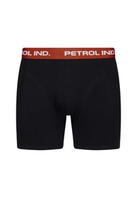 Boxeri din bumbac negri cu un elastic roșu pe care este inscripționat "PETROL IND." cu text alb. Au cusături plate și un design ajustat.
