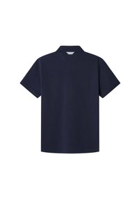 Polo di colore blu navy, maniche corte e colletto classico. Realizzato in tessuto morbido con una trama liscia, presenta un dettaglio di cucitura sul retro.