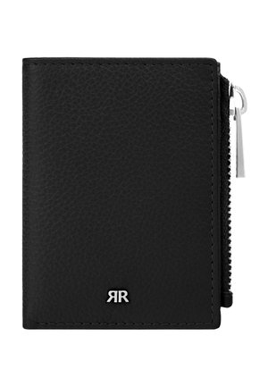 Portafoglio in pelle nera con texture, con cerniera argentata sul lato destro e piccolo logo argentato con due R specchiate al centro frontale.