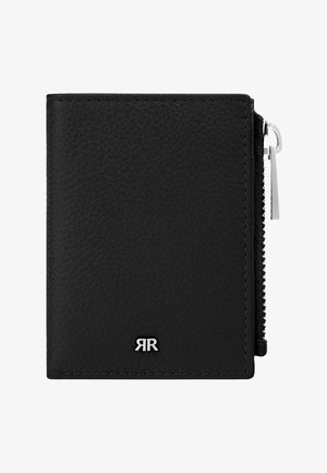 Zwarte leren portemonnee met textuur, voorzien van een zilverkleurige ritssluiting aan de rechterkant en een klein zilverkleurig logo met twee spiegelbeeldige Rs in het midden aan de voorkant.