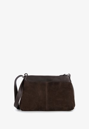 Sac à main en cuir et daim marron, doté d'une bandoulière, d'une fermeture à glissière et d'un contraste de textures entre cuir lisse et daim doux.