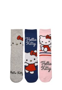 Drei Paar Baumwollsocken: grau mit dem Gesicht von Hello Kitty, marineblau mit dem Text "Hello Kitty" und pink mit Hello Kitty in einem roten Kleid und Streifen.