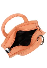 Piccola borsa arancione in pelle liscia, con manico superiore e chiusura a zip. Interno foderato di nero con motivi a stelle e puntini.