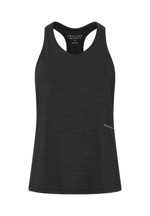 Camiseta deportiva negra con diseño de espalda nadadora, textura jaspeada sutil y pequeño logo cerca del dobladillo.