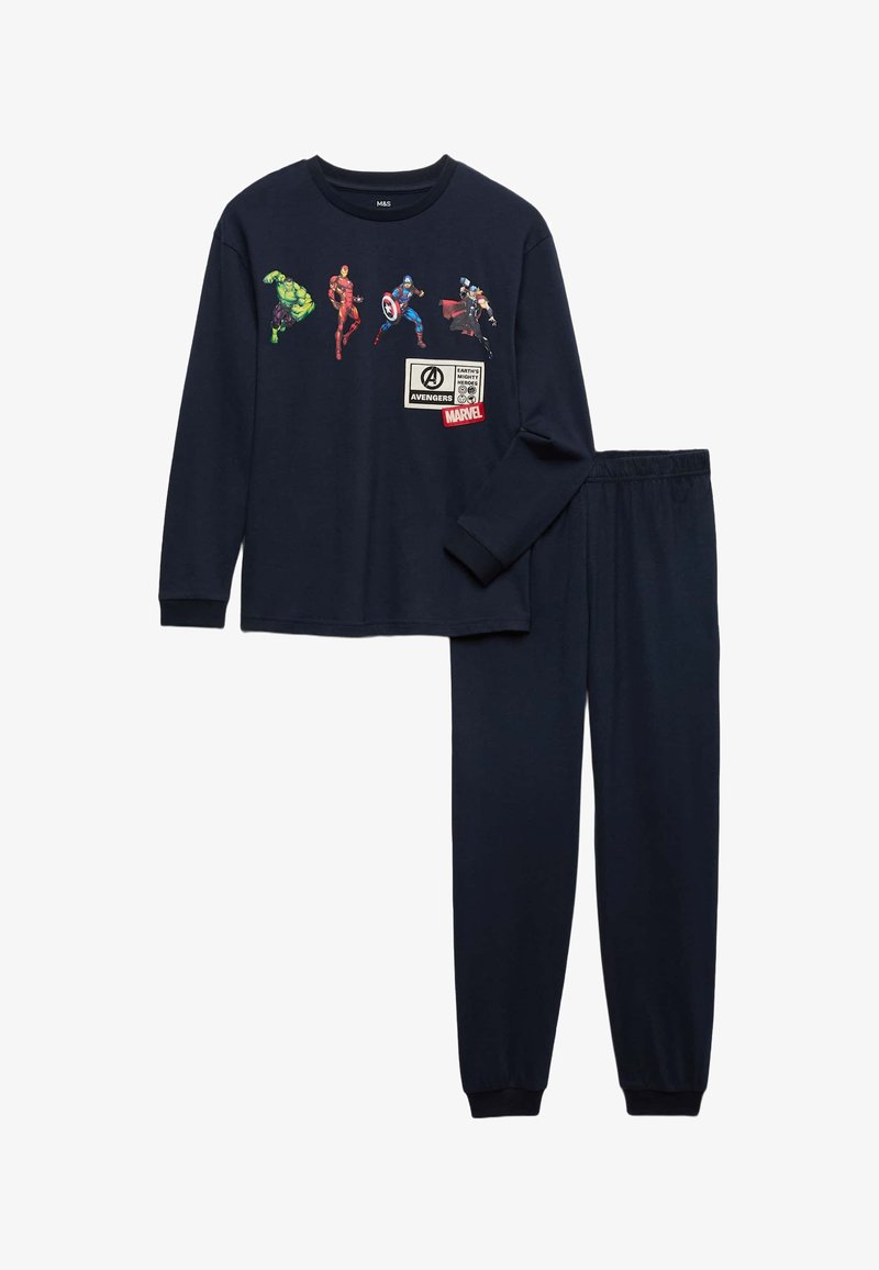 Ensemble de haut à manches longues et pantalon bleu marine avec les personnages des Avengers Hulk, Iron Man, Captain America et Thor sur la poitrine.