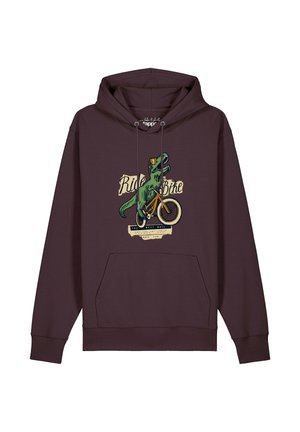 Sweat à capuche marron foncé avec un motif d'un dinosaure vert chevauchant un vélo orange et les mots "Ride Bike" à l'avant.