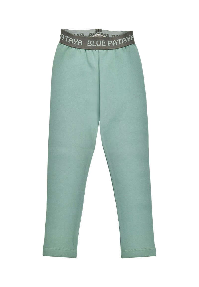 Light green leggings made of soft fabric with an elastic gray waistband featuring the text "BLUE PATAYA" in white. Smooth texture, fitted design.