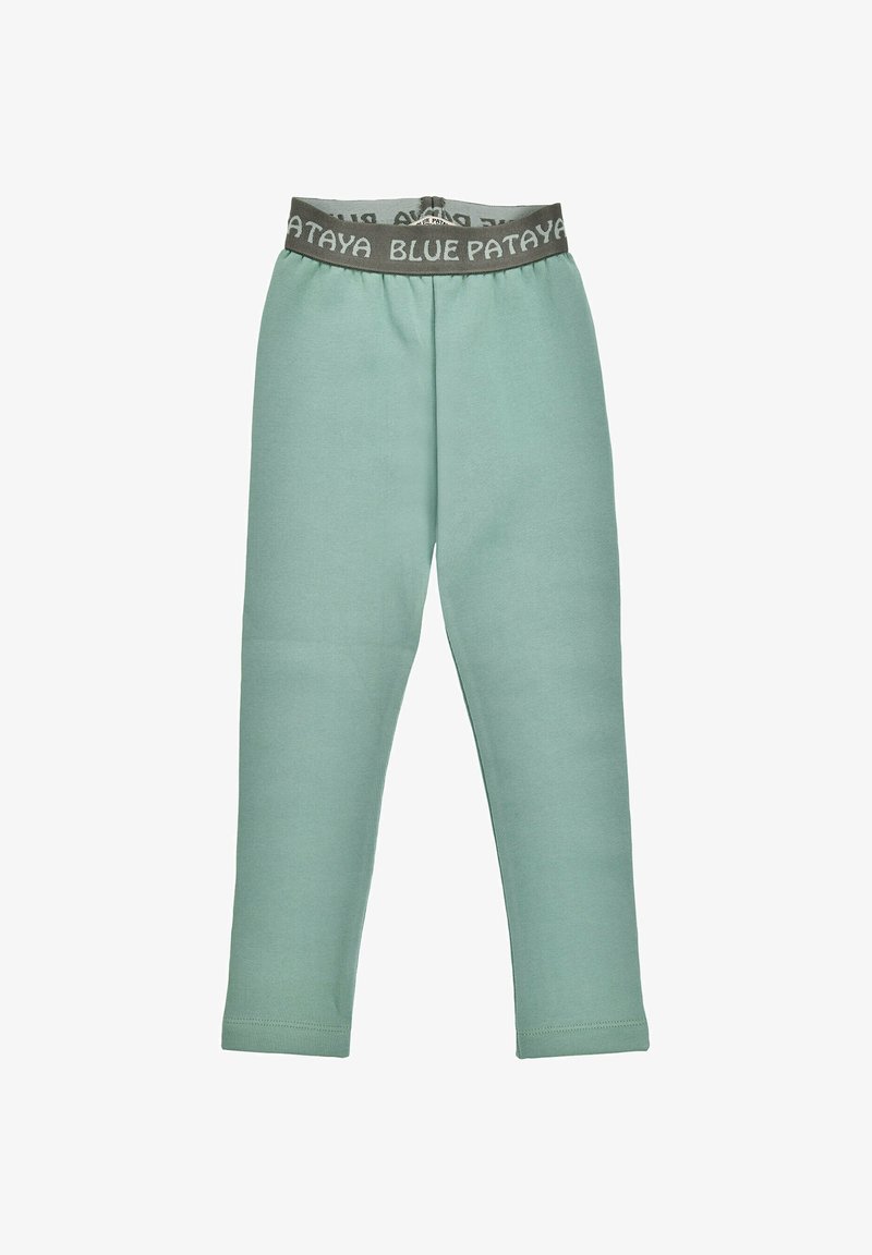Hellgrüne Leggings aus weichem Stoff mit einem elastischen grauen Bund, der den Text "BLUE PATAYA" in Weiß trägt. Glatte Textur, eng anliegendes Design.