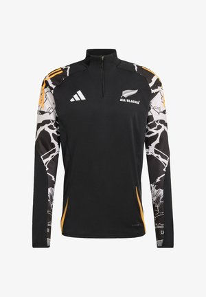 Černý pulovr s dlouhým rukávem a půlzipem, se vzorovanými rukávy v bílé, šedé a oranžové barvě; obsahuje logo "ALL BLACKS" a pruhy Adidas.