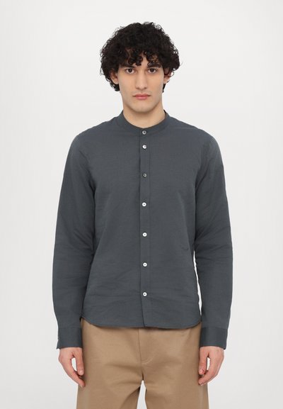 Long-sleeved, button-up shirt in dark gray fabric with a band collar and subtle texture. Features white buttons along the front.