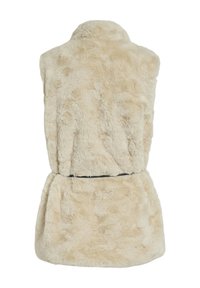 Beige fuskpäls väst med krage, med en belagd midja och en mjuk, strukturerad yta. Bakvy som visar en sömlös design och lyxigt material.