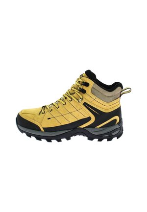 Geel-zwarte wandelschoen met robuuste zool, gevoerde enkelkraag en vetersluiting aan de voorkant, ontworpen voor gebruik buitenshuis.