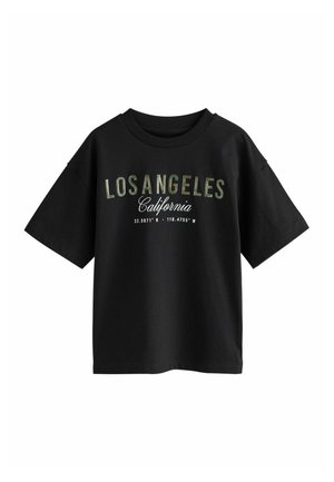 Schwarzes Baumwoll-T-Shirt mit lockerem Schnitt, rundem Ausschnitt und dem grafischen Schriftzug "LOS ANGELES California" mit darunterliegenden Koordinaten.