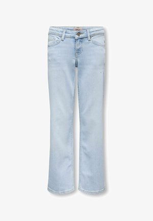 Jean en denim bleu clair avec légère usure, design cinq poches, fermeture par bouton et zip, coupe droite.