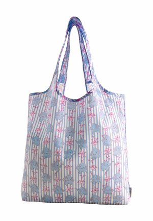 Wiederverwendbare hellblaue und weiße gestreifte Tragetasche mit rosa Blumenakzenten und einem Muster aus blauen Cartoon-Elefanten.