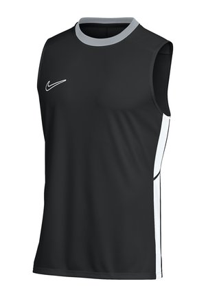 Maillot de sport noir sans manches avec panneaux latéraux blancs, col gris clair et logo Nike blanc sur la poitrine.