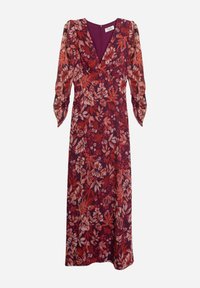 Blumenkleid mit langen, gepufften Ärmeln; tiefer V-Ausschnitt; rot-orange Blattmuster auf burgunderfarbenem Hintergrund; schmale, bodenlange Silhouette.