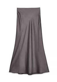 Gonna midi in satin grigio con una texture liscia e design fluido. Presenta un taglio dritto, che arriva sotto il ginocchio, senza decorazioni.