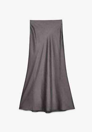Graue Satin-Midi-Rock mit glatter Textur und fließendem Design. Verfügt über einen geraden Schnitt, der unterhalb des Knies endet, ohne Verzierungen.
