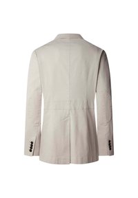 Helles graues, maßgeschneidertes Blazer aus gewebtem Stoff. Mit Ellenbogenpatches und einem geschlitzten Rücken. Drei schwarze Knöpfe an jedem Ärmel.