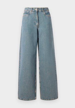 High-waisted, light blue wide-leg denim jeans with front zipper, button closure, and front pockets.
