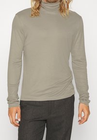 Maglione a maniche lunghe con collo alto in grigio chiaro, realizzato in un tessuto morbido con una vestibilità aderente, caratterizzato da un design semplice e liscio con maniche attillate.