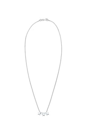 Silberne Kettenhalskette mit drei sternförmigen Anhängern, glatte Oberfläche und einem Karabinerverschluss. Die Kette ist dünn und zart.
