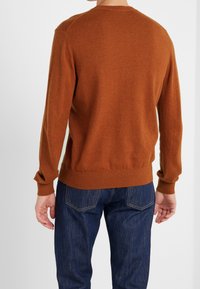 Brown, knit sweater with long sleeves and a ribbed hem, features a simple design with a smooth texture. Worn with dark blue jeans.