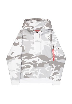 Grijze en witte camouflage hoodie. Beschikt over een kangoeroezak, trekkoorden en een rood merklabel op de rits. Zacht materiaal met een casual pasvorm.
