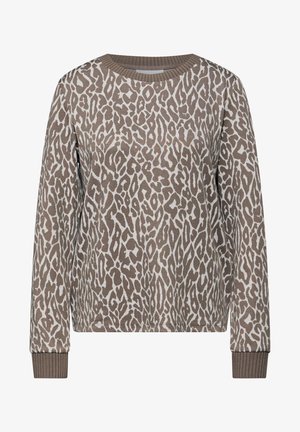 Ruskea ja kerma villapaita, jossa on leopardikuvio, resoroitu pääntie ja hihansuut, pitkät hihat ja rento istuvuus.