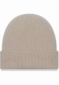 Beige knitted beanie hat with a ribbed texture and a folded cuff. Made of soft material, featuring a simple, streamlined design.