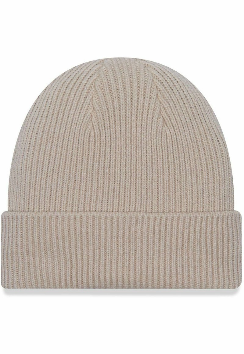 Beige knitted beanie hat with a ribbed texture and a folded cuff. Made of soft material, featuring a simple, streamlined design.