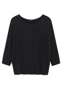 Schwarzer Pullover mit Rundhalsausschnitt, drei Viertellange Ärmel und einem weichen, strukturierten Strickstoff, der dezente metallische Fäden enthält.