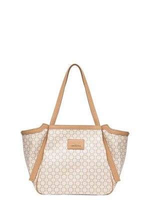 Borsa shopper beige con motivo a fantasia, manici e rifiniture in pelle color cuoio, patch rettangolare con logo al centro del pannello frontale.