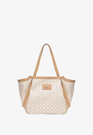 Borsa shopper beige con motivo a fantasia, manici e rifiniture in pelle color cuoio, patch rettangolare con logo al centro del pannello frontale.