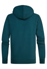 Felpa teal con cappuccio regolabile, maniche lunghe e una texture morbida. La schiena presenta un design semplice e minimalista senza patterns.