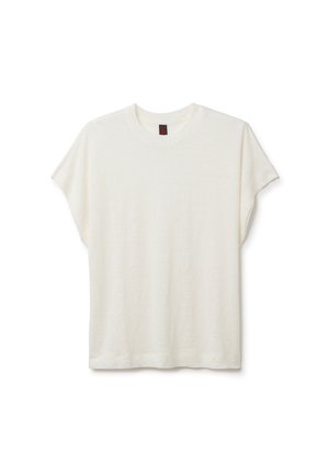 Weißes T-Shirt mit kurzen Ärmeln und rundem Halsausschnitt, lockerer Passform und weichem Material. Einfarbiger Stoff ohne sichtbare Muster oder Hardware-Details.