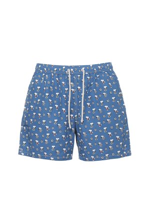 Costume da bagno blu con coulisse bianca, con motivo ripetuto di cani dei cartoni animati e palloni da calcio.