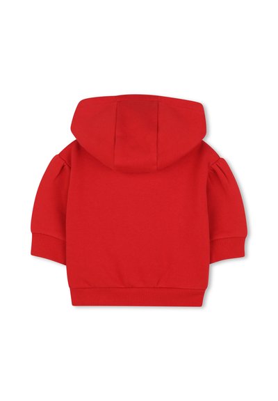 Felpa con cappuccio rossa realizzata in tessuto morbido, caratterizzata da maniche a sbuffo corte e orli e polsini a coste. Texture liscia, dettagli di design minimal.